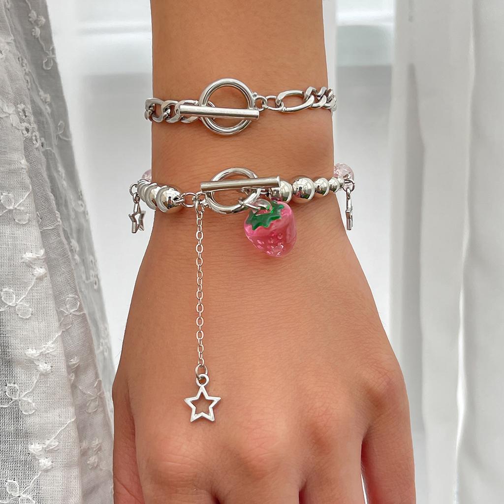 Punk Spice Girl Hollow Pentagram Love Pendant Bracelet, Sweet Cool Strawberry Beaded Jewelry For Women