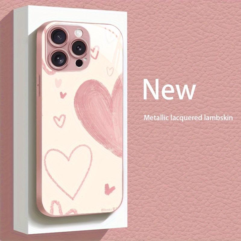 Fashion Simple Love Heart Pattern Metallic Paint Glass Phone Case For iPhone 17 Pro Max 11 12 13 14 15 16 Plus 17 Air 16E Cover