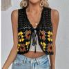 European and American Amazon Summer New V Neck Crocheted Cut Out Lace-up Short Crop Top Vest Top Vest Easiest for Match