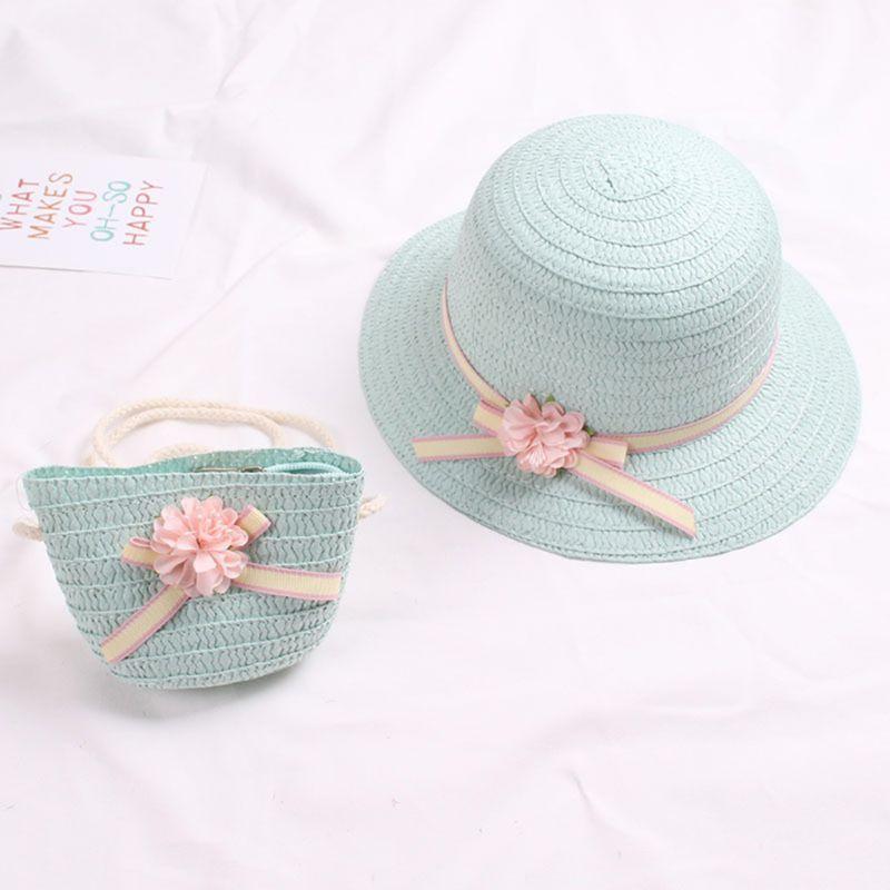 Sun Straw Hat Kids Girls Large Wide Brim Travel Beach Cap Sweet Flower Bowknot Sun for Protection Hat with Shoul