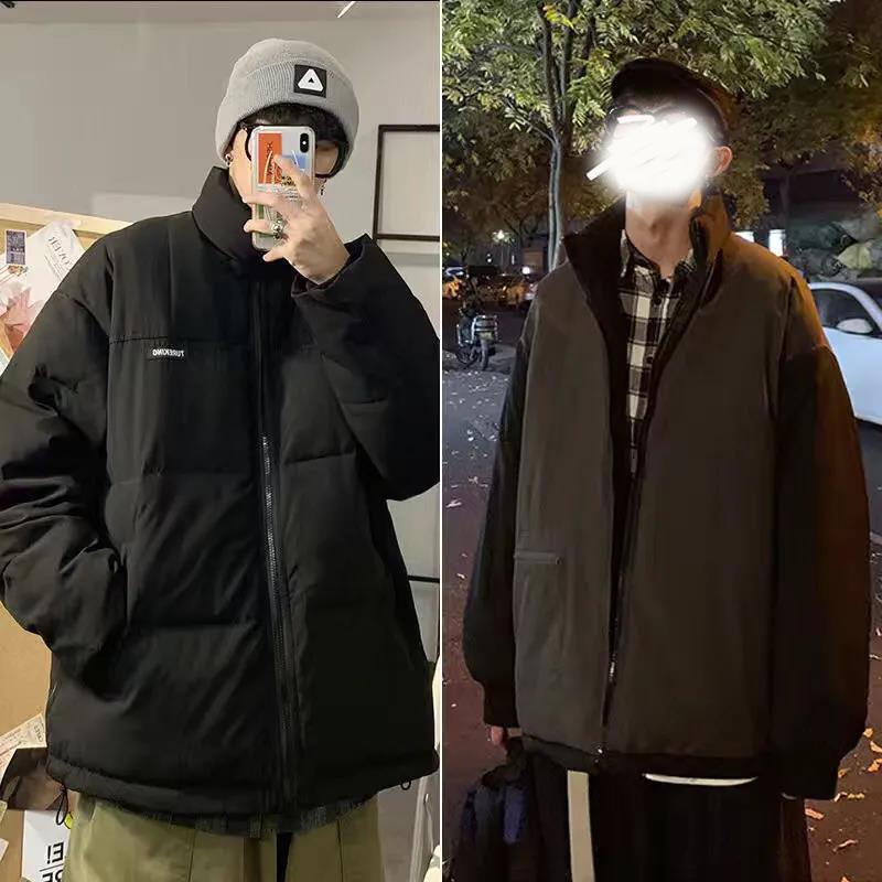 

Мужская зимняя куртка-пуховик, толстая теплая куртка с хлопковой подкладкой, пальто с капюшоном, вышитые слова, на молнии, куртку-хлеб можно носить на обе стороны M чёрный