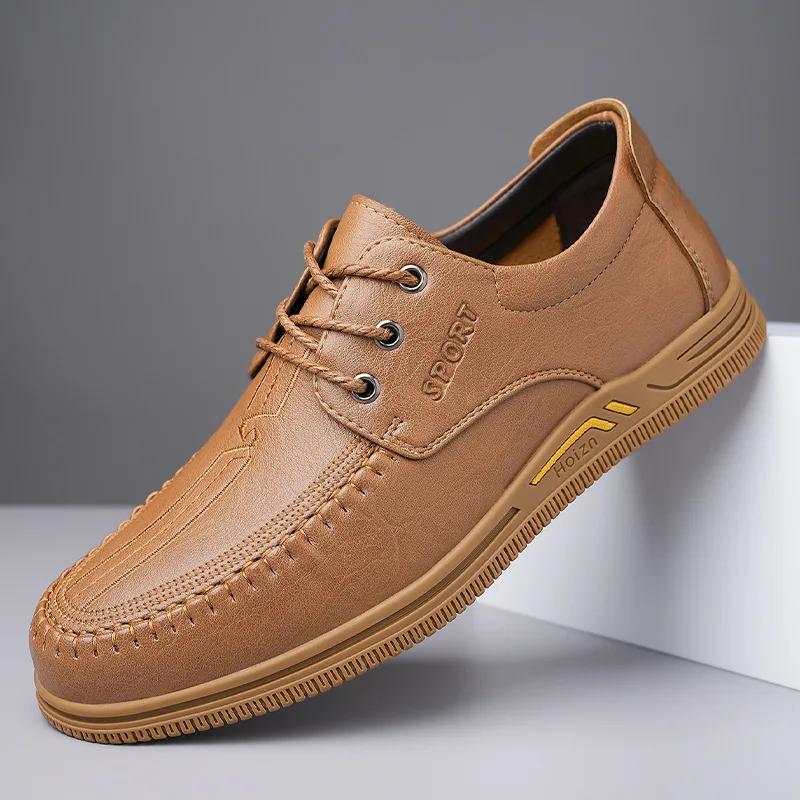 

New Men Leather Casual Shoes Simple Designer Flat Skate Shoes Lace-up Loafers 38 коричневый