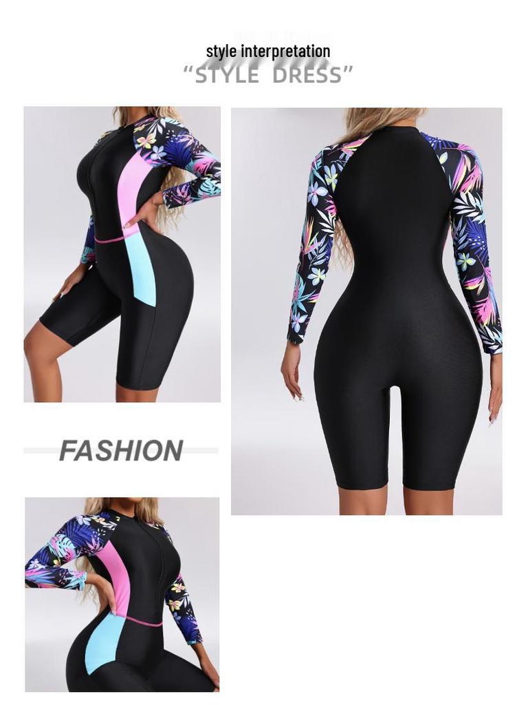 2025 Damen Floral Langarm Bodysuit Badeanzug mit Fünf-Punkt-Hose