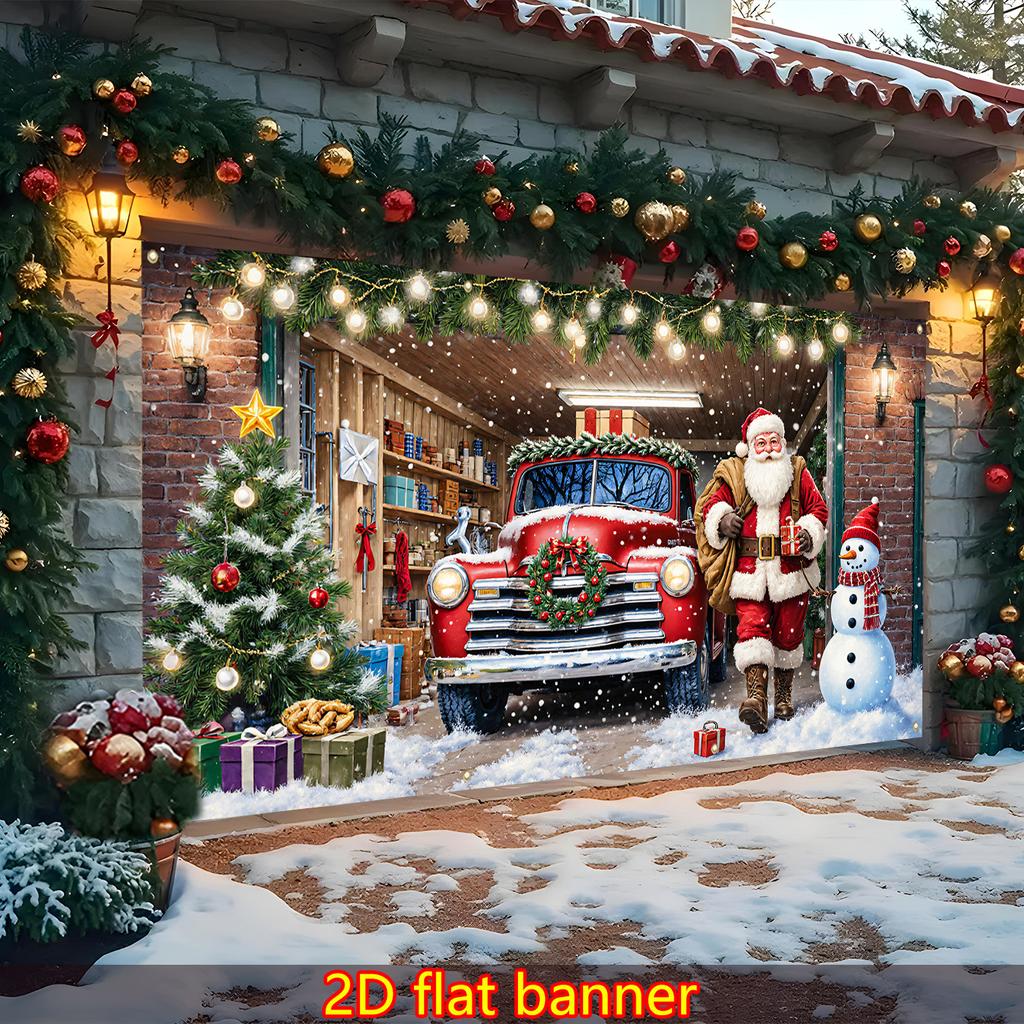 Giant Red Vintage Truck Christmas Banner Santa Claus and Snowman - Heavy Outdoor/garage Door Decoration Christmas Party