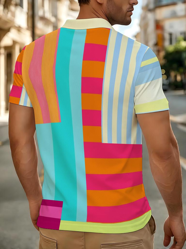 1pc Men'S Short Sleeve Polo Shirt, Multi-Size Available, Collar Button Design, Colorful Geometric Contrast Patchwork Print, Beige Lapel Short Sleeve