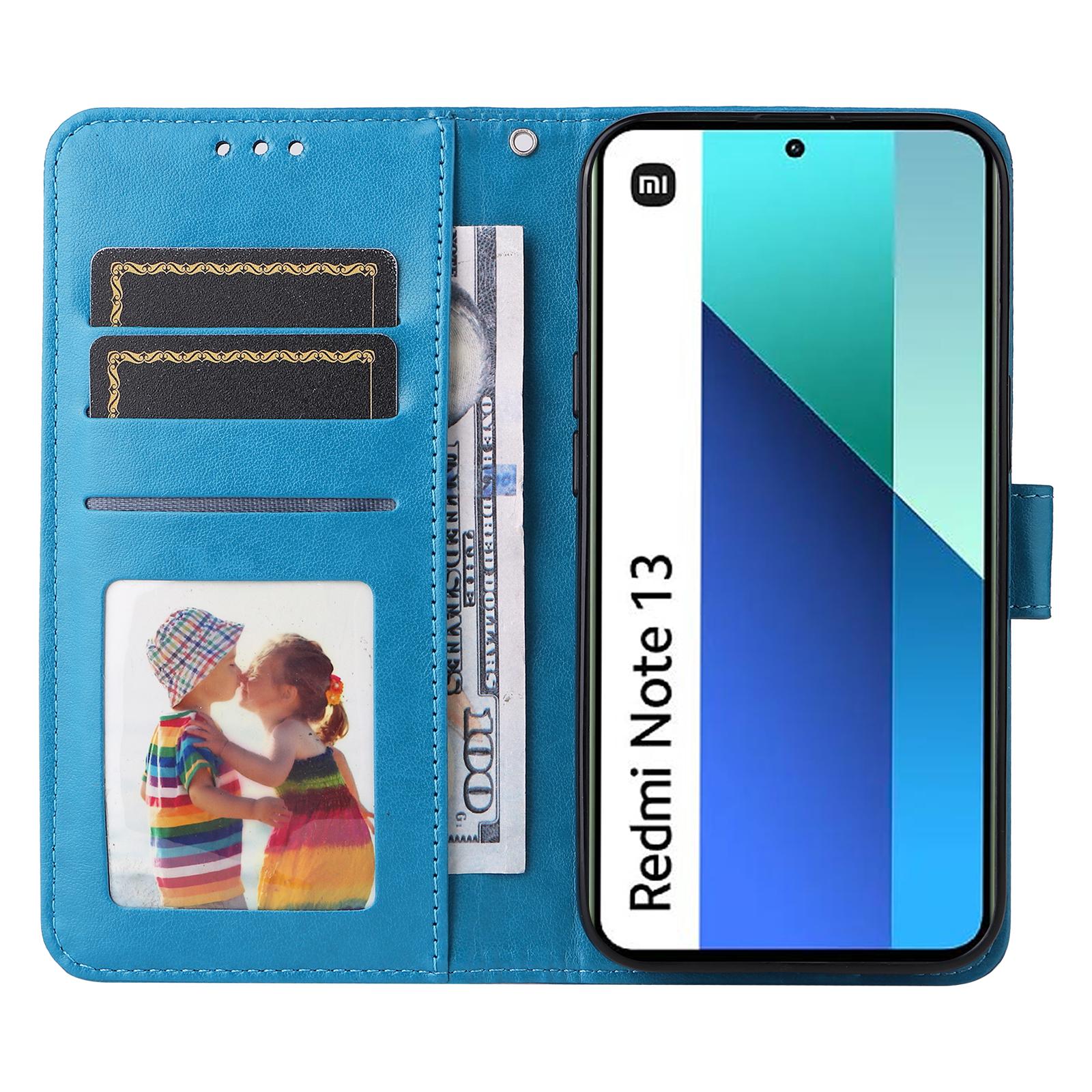 

For Xiaomi Redmi Note 13 4G Case Wallet Imprinted Phone Cover with Hand Strap Blue