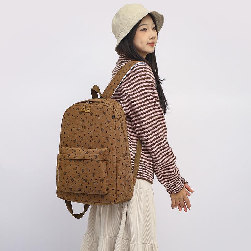 Three-Piece Backpack Set Bow Printed Corduroy Large Capacity Handbag Multi-Functional Backpack with Lunch Bag Pen Bag