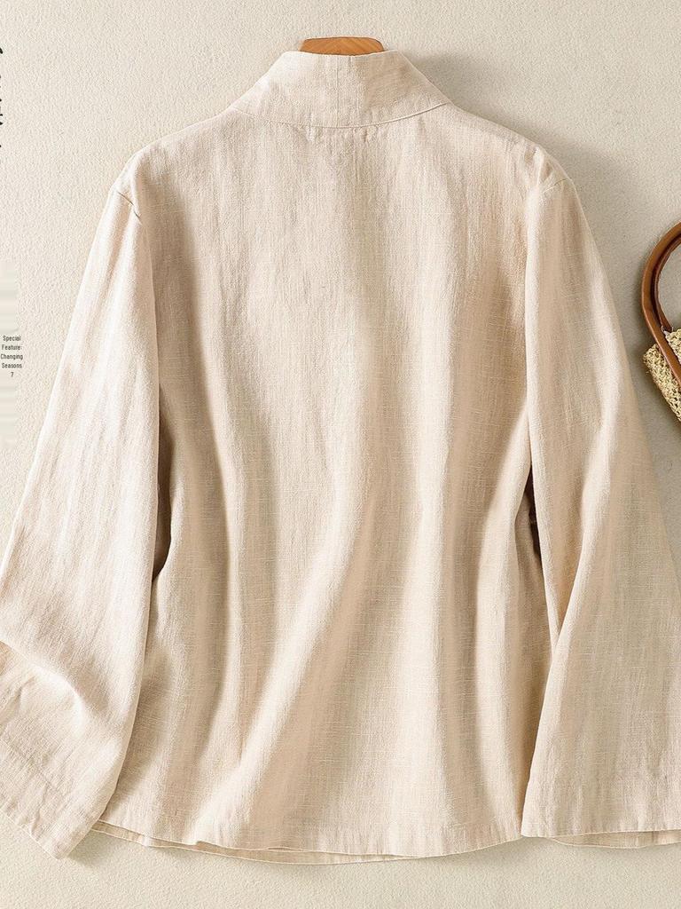 V-Neck Lace-Up Loose Slimming Chinese Style Cotton Linen Long-Sleeve Top for Spring/Summer