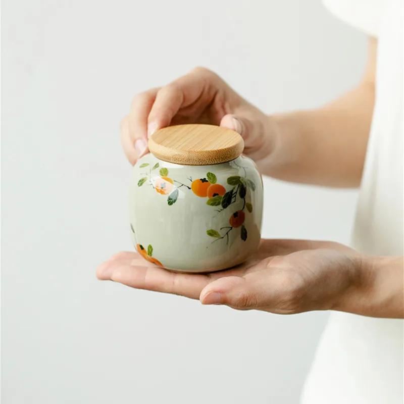 Chinese Ceramic Tea Caddy Hand-painted Persimmon Tea Jar Travel Tea Bag Storage Box Sealed Container Storage Tank Teaware