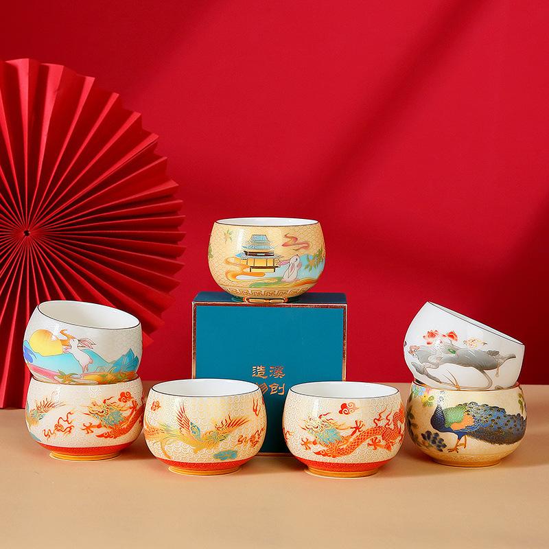 Jade Chinese Style Master Single Personal Drinking Dragon and Phoenix Tasting Cup Ceramic National Trend Tea