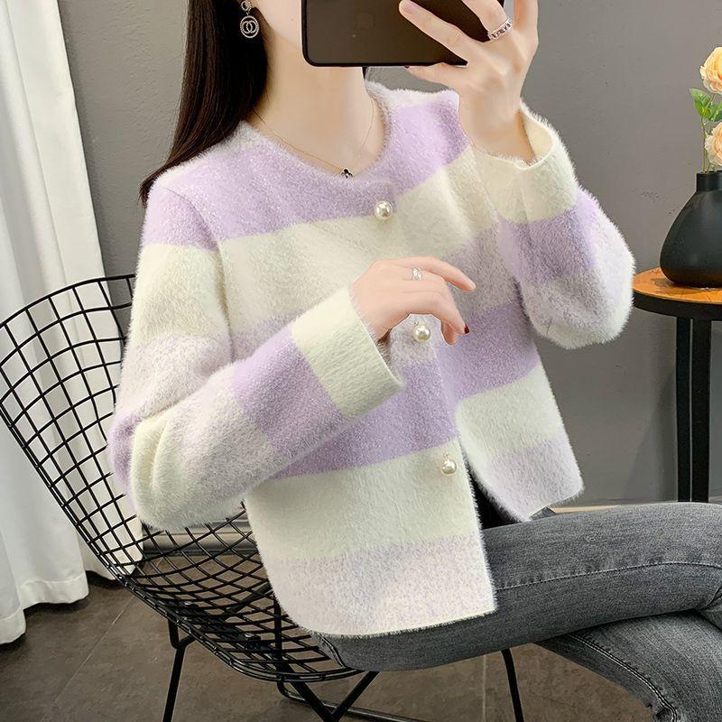 Soft Rainbow Striped Knit Sweater Women Autumn Mink Top Beautiful Pullover