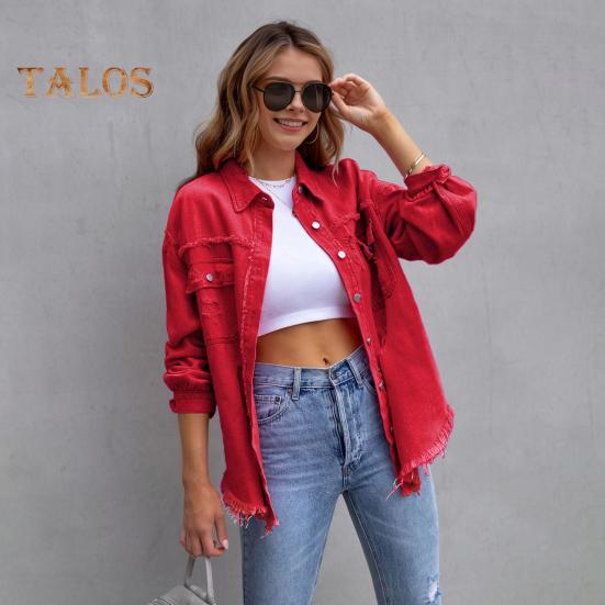 Women Denim Jacket Retro Single-breasted Ripped Hole Turn-down Collar Long Sleeves Solid Color Flap Pockets Lady Coat Commuting Shopping Coat