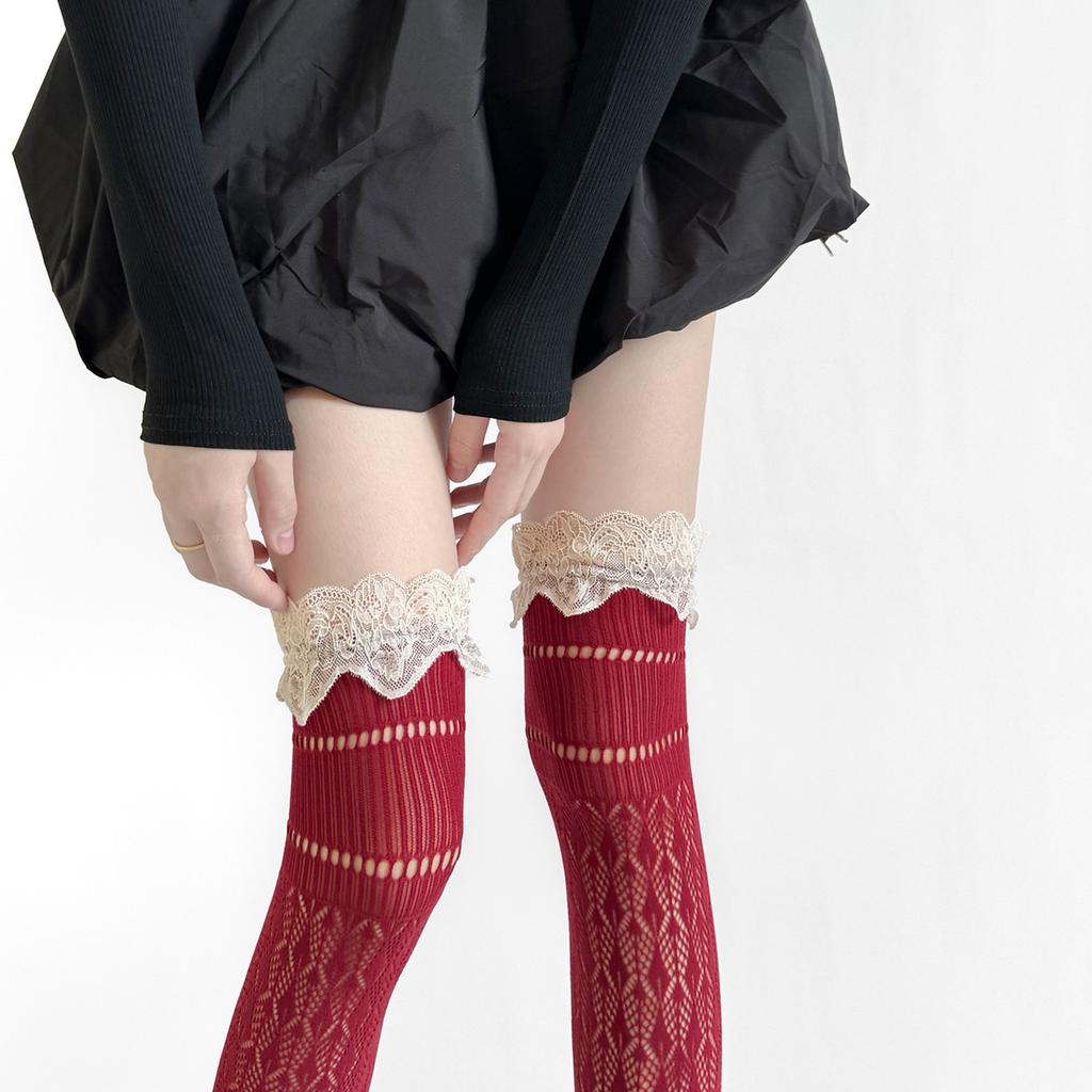 Hollowout Weave Fishnet Geometric Pattern Stockings Thigh High Socks Ruffle Lace Trim Overknee Stockings for Women Girls