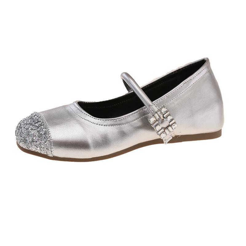 Single Shoes Women's Gentle Evening Flat Bottom Word French New Silver 2025 Spring and Autumn Belt with Skirt Mary Jane Shoes