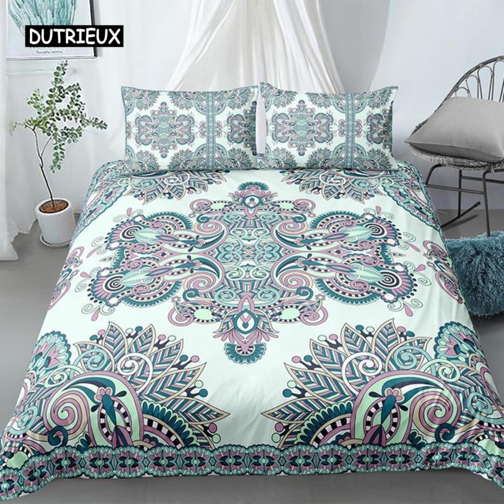 Mandala Duvet Cover Set King Polyester Tie Dye Paisley Quilt Cover Purple Boho Hippie Trippy Floral Exotic Style Bedding Set