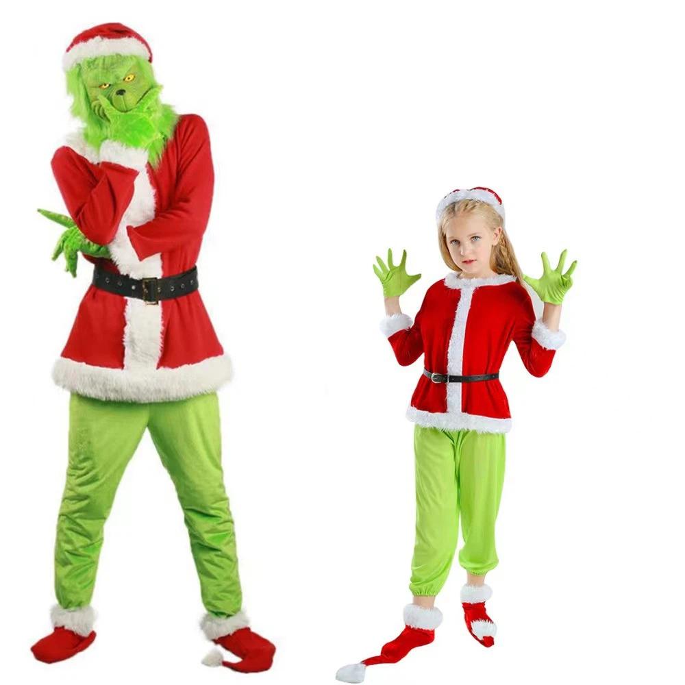 Costum Verde Grinch Pentru Adulți Și Copii Costume de Crăciun Ținută de Petrecere Cu Mască Piesă de Cap Pentru Festivitățile de Sărbători