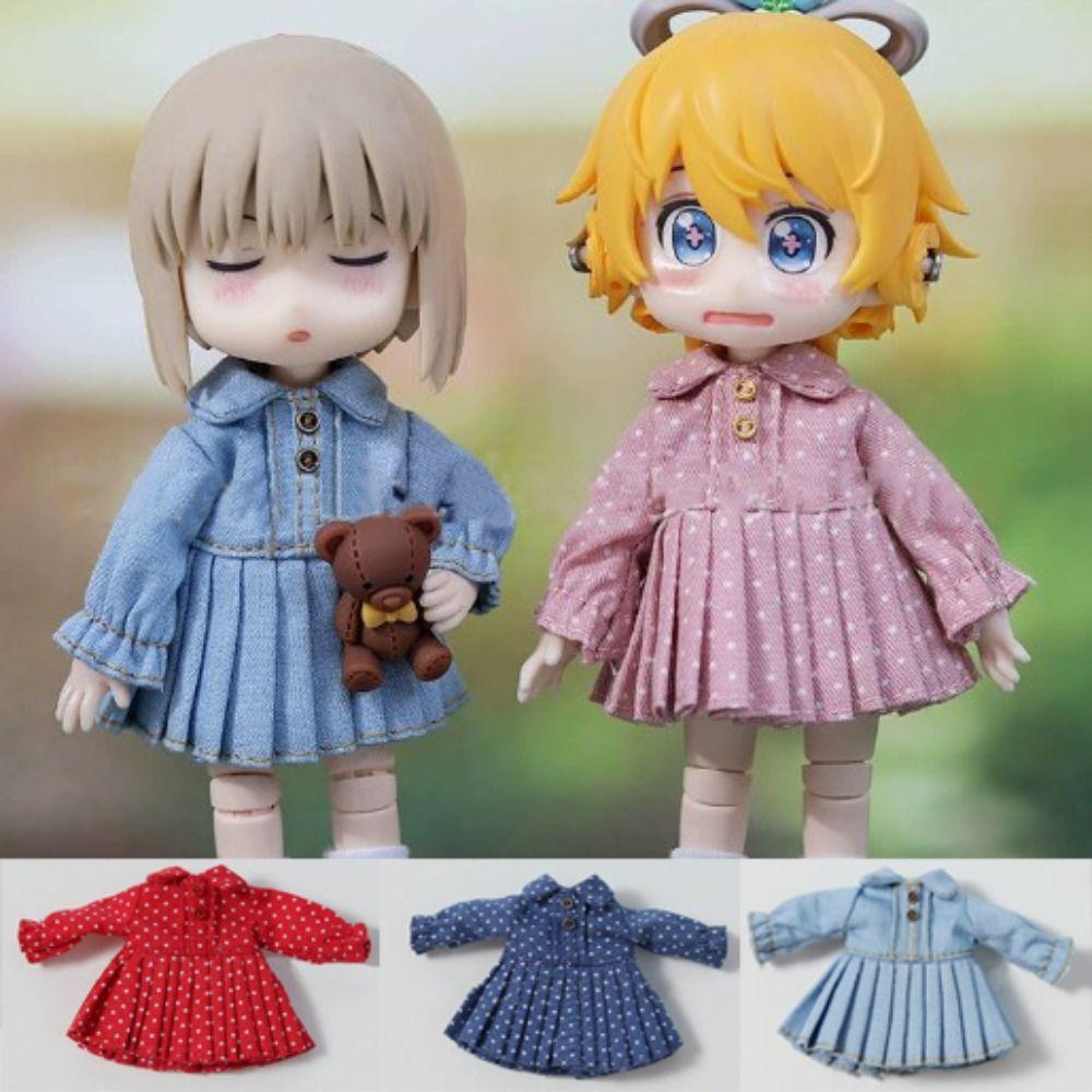 Handmade Doll Pleated Skirt Lapel Collar Jeans Dresses for 1/11 OB11 Dolls for 1/12 BJD Dolls