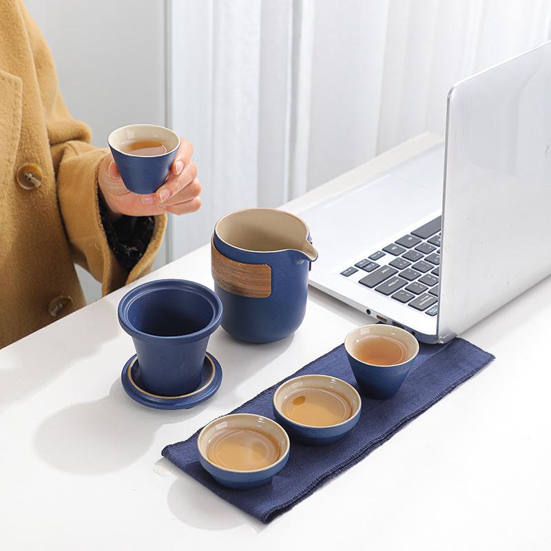 Black Pottery Travel Tea Set, One Pot and Four Cups, Outdoor Car Portable Express Cup Business Gift Set Printing