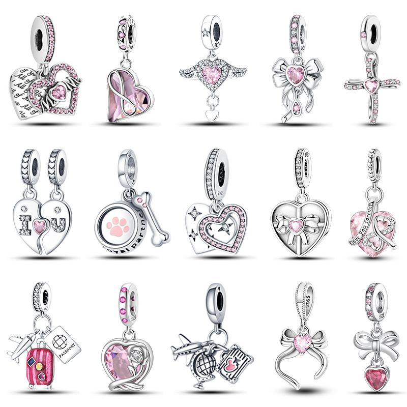 Mode Kopparfärg Låda Hjärta Formad Rosett Rosa Berlocker Pärlor Passar Pandach Original Armband Fint DIY Födelsedagssmycken