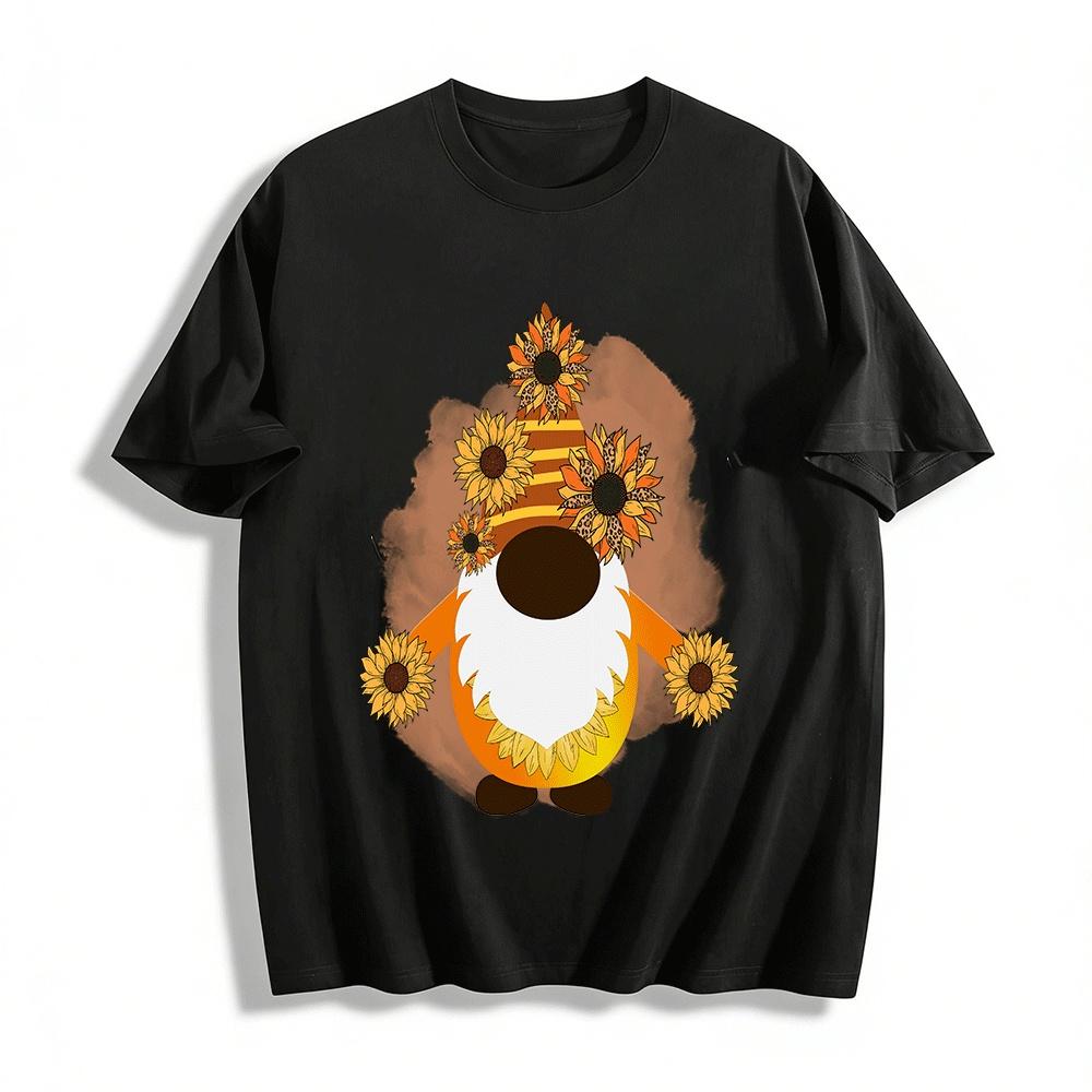 Autumn Sunflower Gnome Graphic Casual Top Pure cotton T-shirt