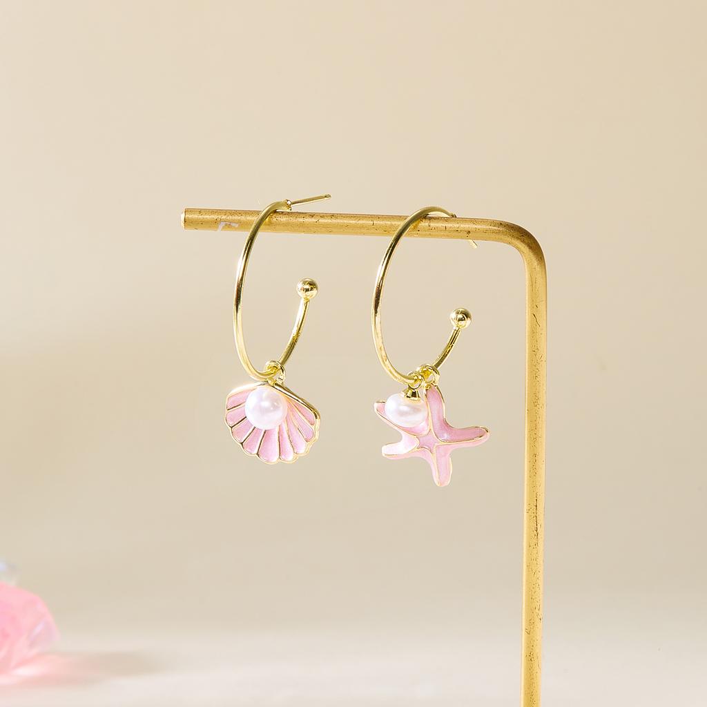 Cute Enamel Metal Shell Starfish Drop Earrings for Women Asymmetrical Imitation Pearl Conch Shell Earrings Girls Daily Jewelry