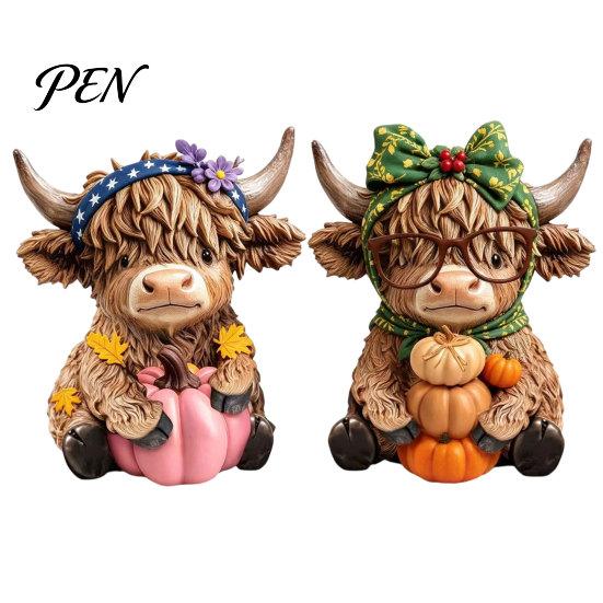 Highland Cow Figurines 2PCS Ornament, Wooden Rustic Style Figurine, Thanksgiving Polished Wood Art Theme Art, for Entrance Living Room Decor