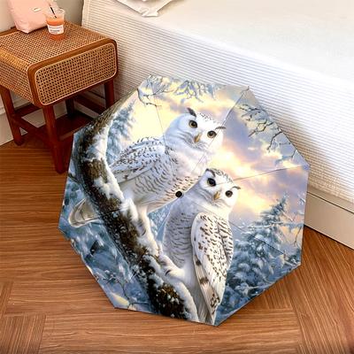 1 PC Automatic Folding Umbrella - Winter Snowy Owls Pattern, Portable & Foldable Design with 8 Ribs, Christmas Birthday Gifts