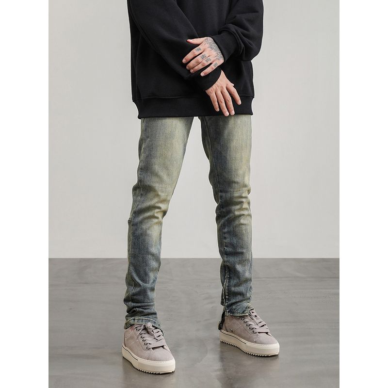 European and American High Street Style Basic Side Open Zip-up Feet Jeans Kanye Same As Slim Fit Stretch Slimming Trousers for Men