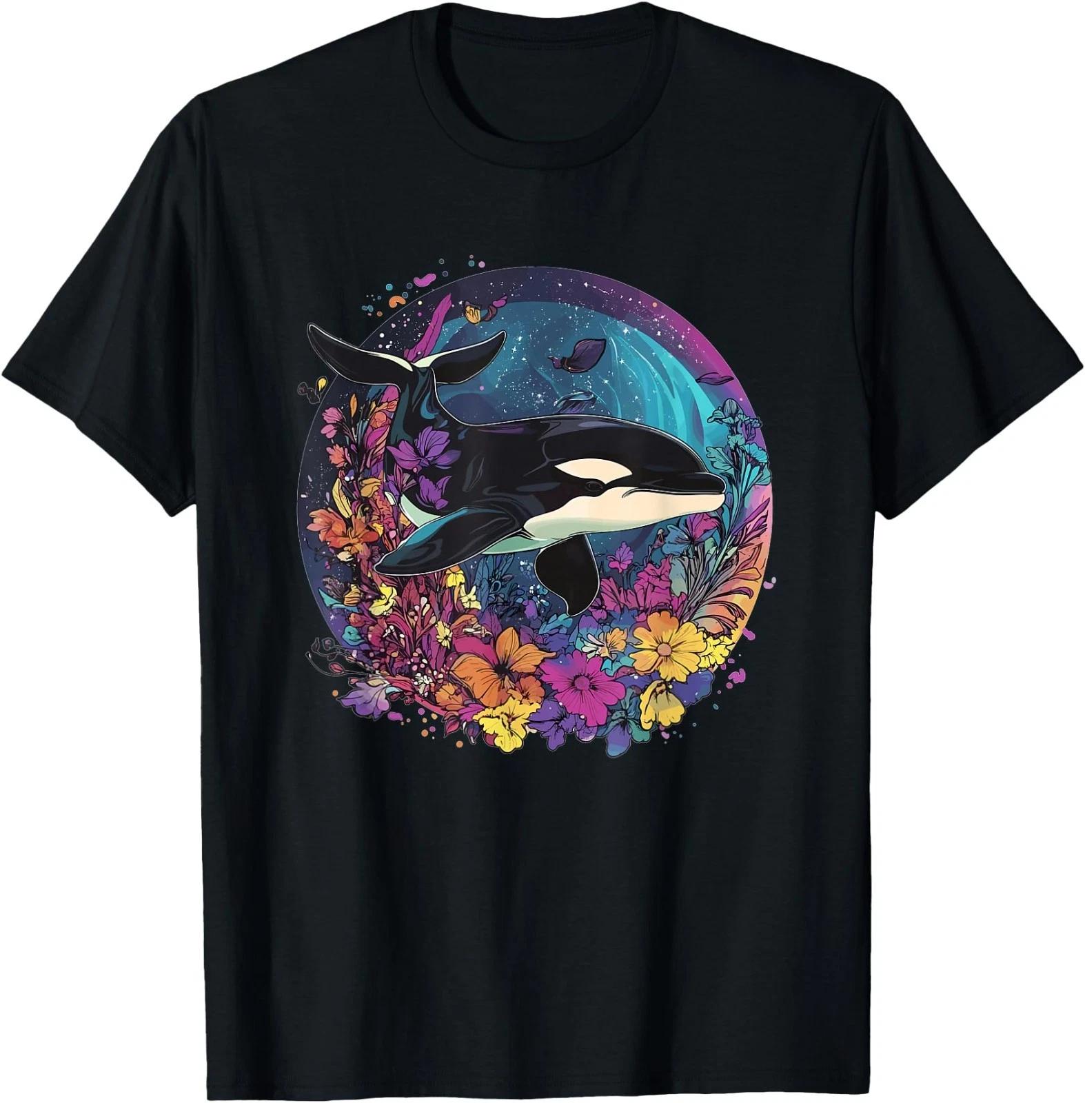 Orca Whale Surrounded By Vibrant Flowers T-Shirt 4XL