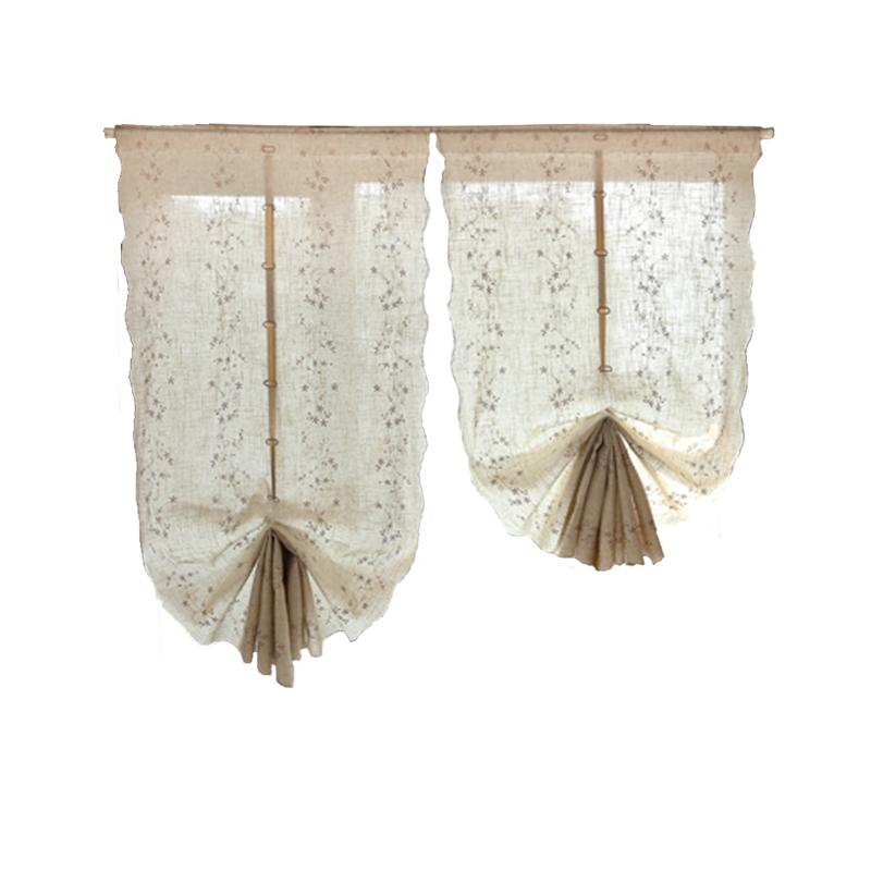 Retro Cotton Linen Lace Embroidered Balloon Pull Up Curtain for Living Room Kitchen Threading Rod Short Window