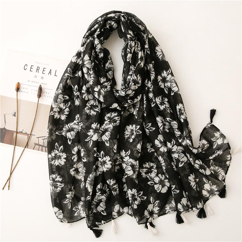 "Bali Yarn Cotton-Linen Scarf: Fresh Solid Color, Fruit Green & Bright Yellow Leaf Print with Tassel Detail"