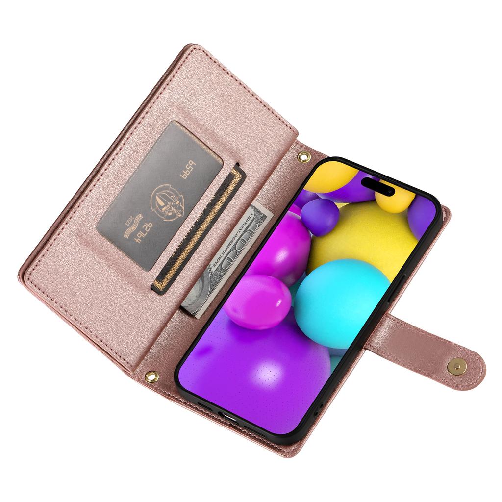 DF-011 For iPhone 16 Case Anti-Drop Leather Wallet Phone Cover with Long / Short Straps