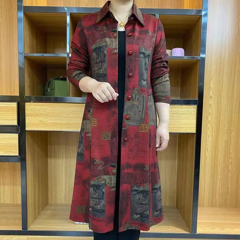 Casual Vintage Printed Midi Trench Female Clothing Single-breasted Spring Autumn Turn-down Collar Long Sleeve Straight Jackets