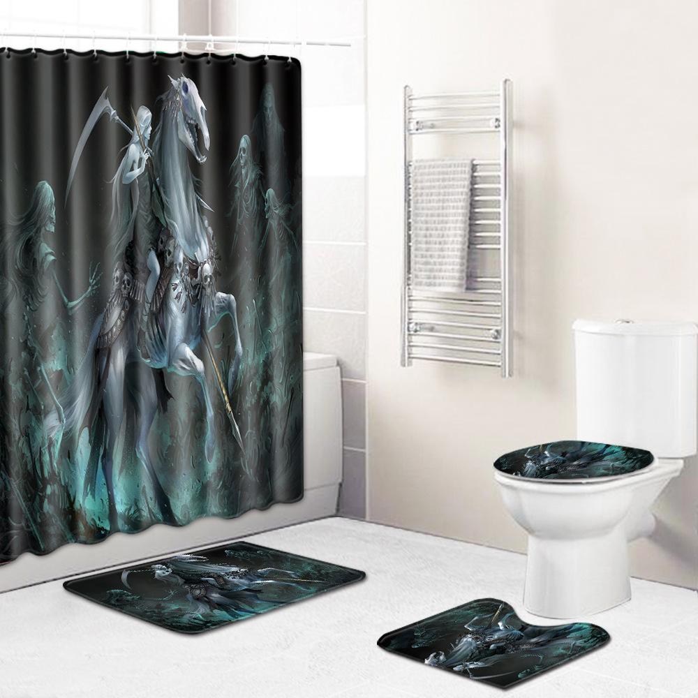 Skull Shower Curtain Floor Mat Combination Four-Piece Set Bathroom Toilet Carpet Shower Room Mat Foot Mat