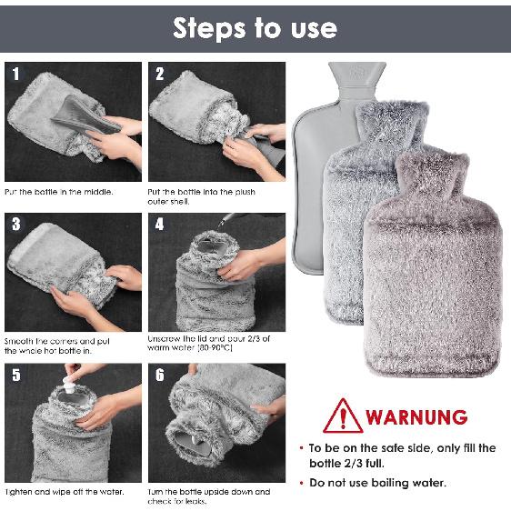 Hot Water Bottle With Soft Cover - Leak-Proof 2L Large Hot Water Bottle  with Kangaroo Pocket, Natural Rubber + Bed Bottle Fluffy, Gifts for Men