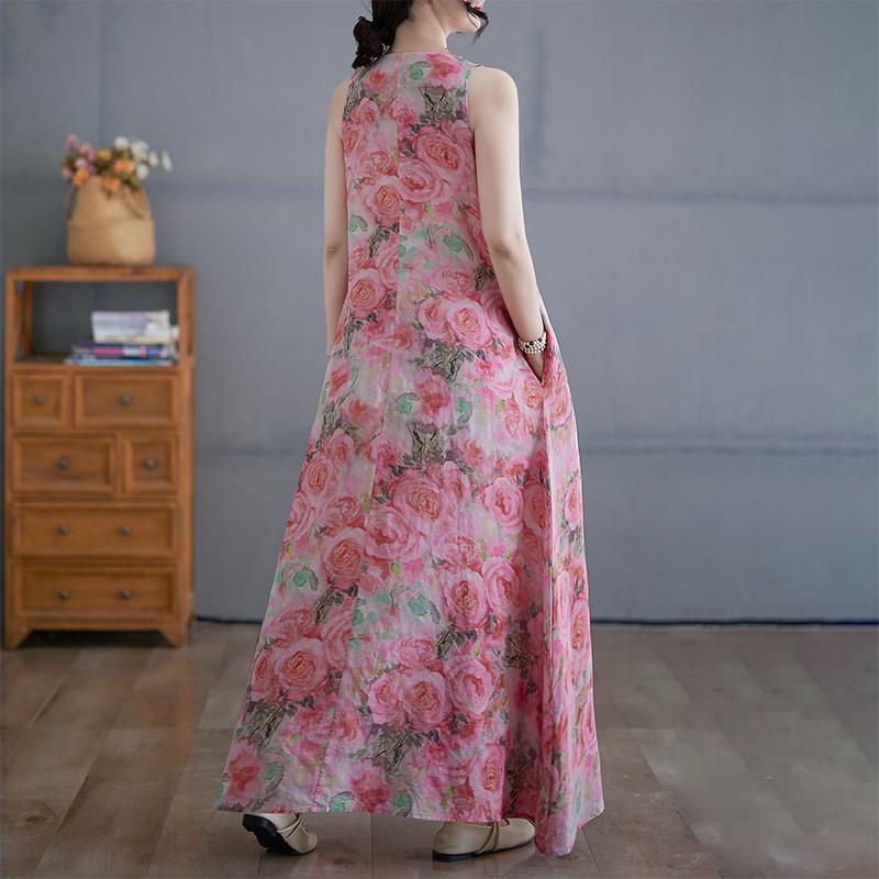 

DIMANAF 2025 Women Linen Summer Flower print Dress Casual Ladies Basic Long Dress 8085 2XL