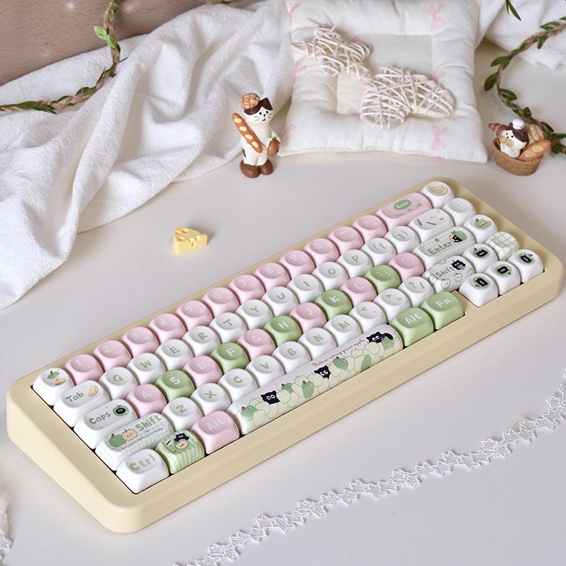 

Cute Green Cat Theme Keycaps: Full Five-Sided Dye-Sublimation for E-sports.
