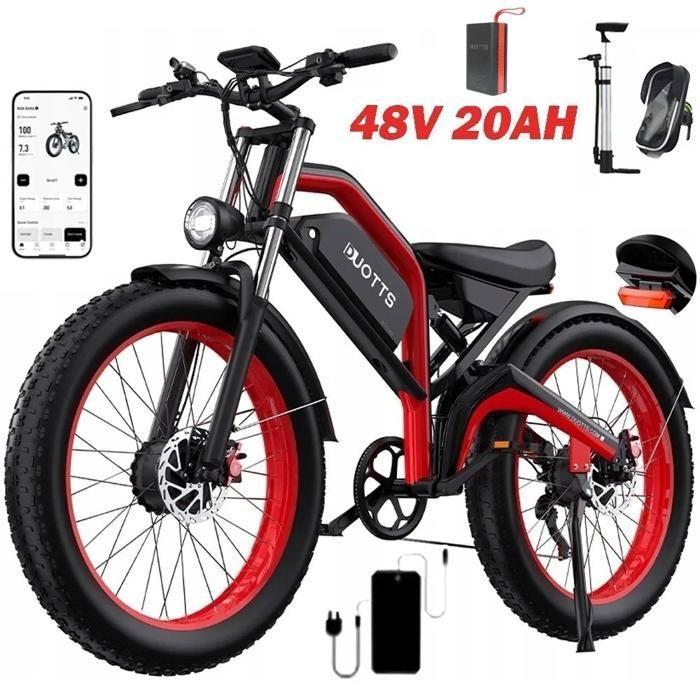 Vélo électrique DUOTTS N26 2*750W 20Ah Samsung Battery 26" 55km/h 120HP Pratique pour voyager, se garer Noir et rouge.
