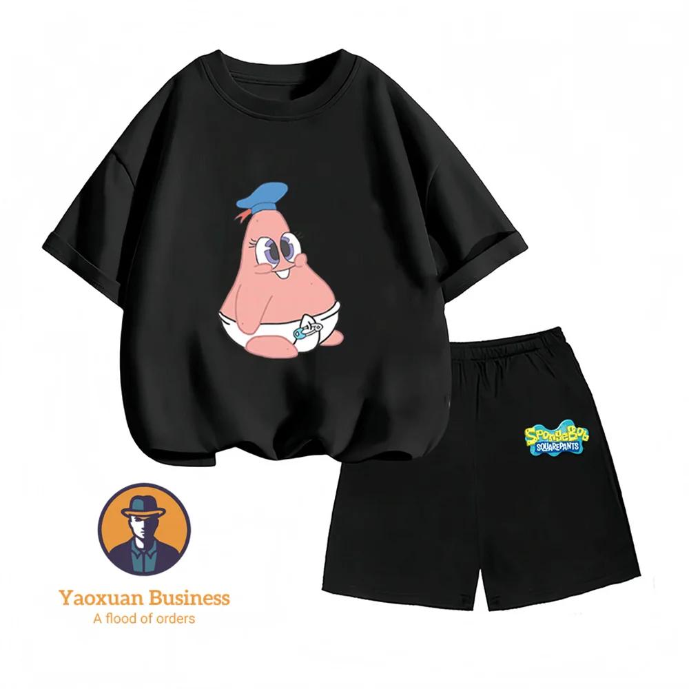 Hot Sale Summer Kidswear Pure Cotton SpongeBob SquarePants Anime Printed Round Neck Casual Two Piece Set