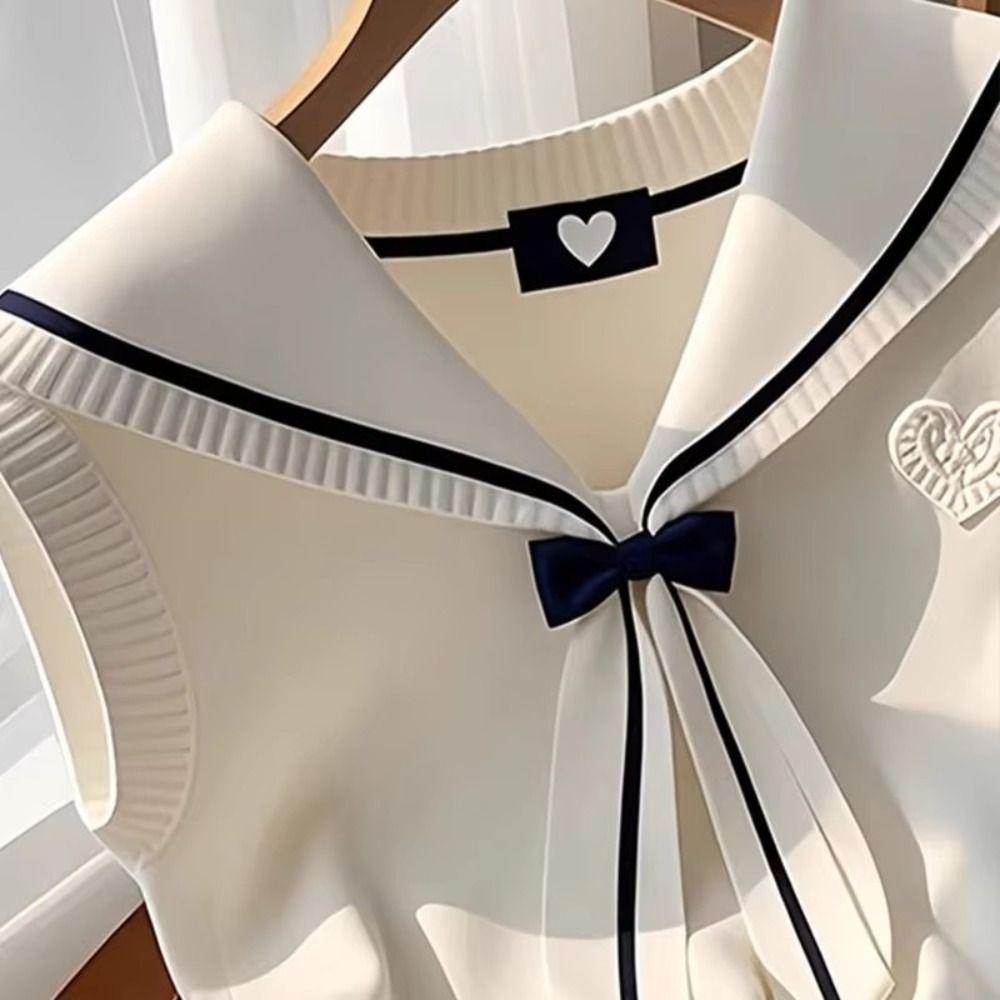 Commute Style Sweet Sailor Collar Top Vintage Design Chic Bow Top New Waistcoat  Summer