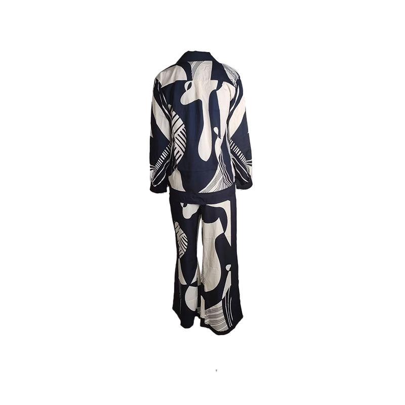 European & American Women's Graffiti Lapel Shirt and Long Sleeve Fashion Two-Piece Set