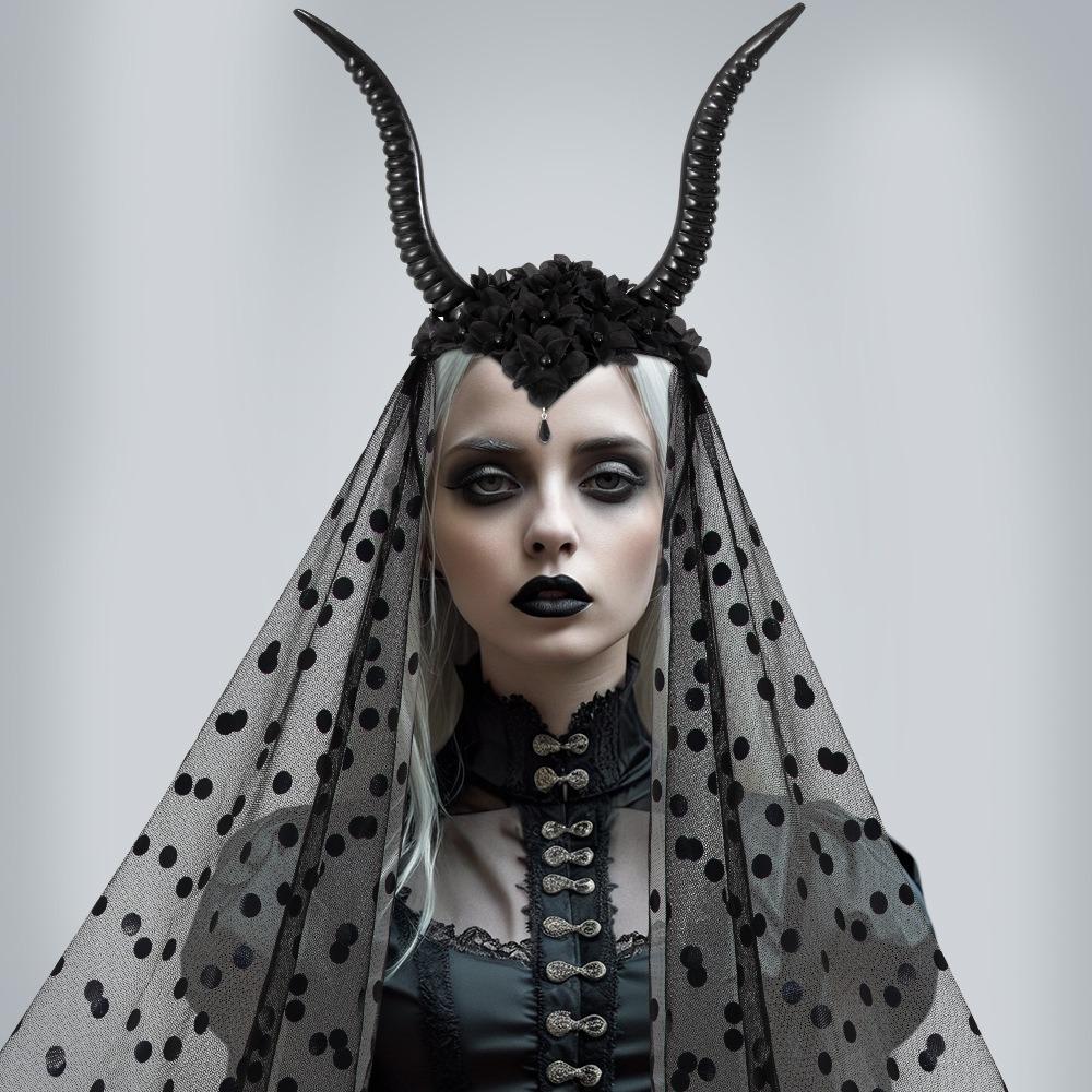 Black Halloween Devil Headwear with Veil Sheep Horn Headband Adults