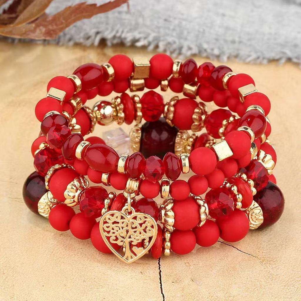 Bohemian Heart Tree Charm Bead Bracelets Set New Statement Multilayered Bracelets Pendant Charm Stretch Bangles Female Jewelry
