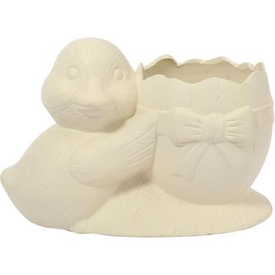Easter Decoration - White Ceramic Egg-Shaped Flower Pot with a Duck
