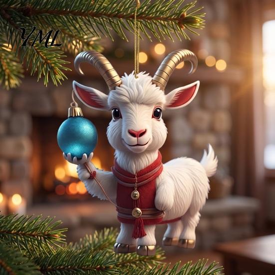 Holiday Car Interior Decor 2D Acrylic Goat Christmas Hanging Ornament, 3.15 Inch Farm Animal Xmas Tree Lightweight Crafts Decoration for Rear