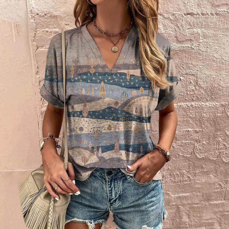 Retro Harajuku Women's Casual V-Neck Short Sleeve Summer Streetwear Pullover T-Shirt Tops New Fashion Stripe Print Tee