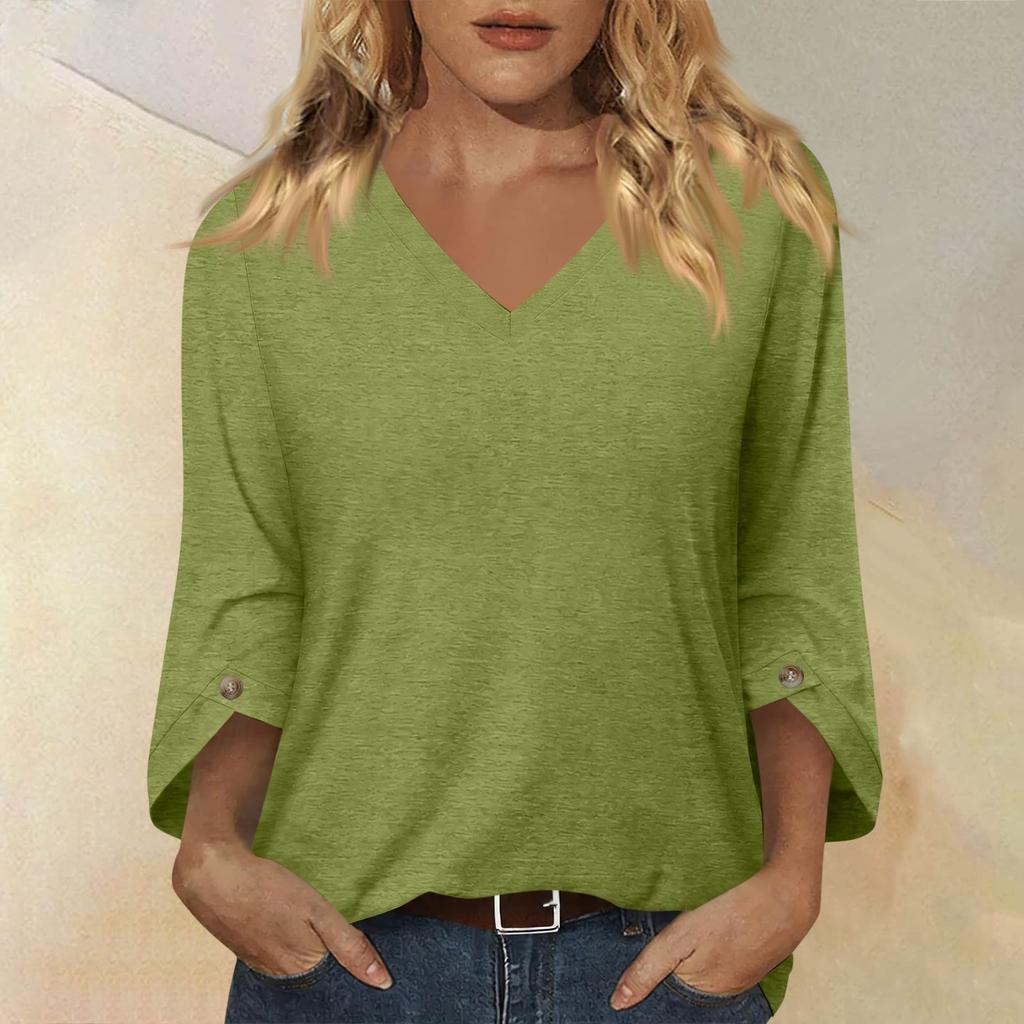 Womens V Neck Three Quarter Sleeve Blouse Loose Fit Button Lightweight Pullover Top for Casual Office Wear