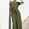 (Spicy chicken)Women's Fashion Loose Casual Solid Color  Linen Short Sleeve Temperament Wide-leg Long Jumpsuit Linen Pants For Women Belt Included