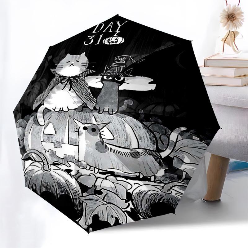 

1pc Halloween Cats on Pumpkins with Witch Hat, Auto Open Close Umbrella, Portable Folding Design, 8-Bone Iron Frame Outdoor Umbrella, Festival Gift fo