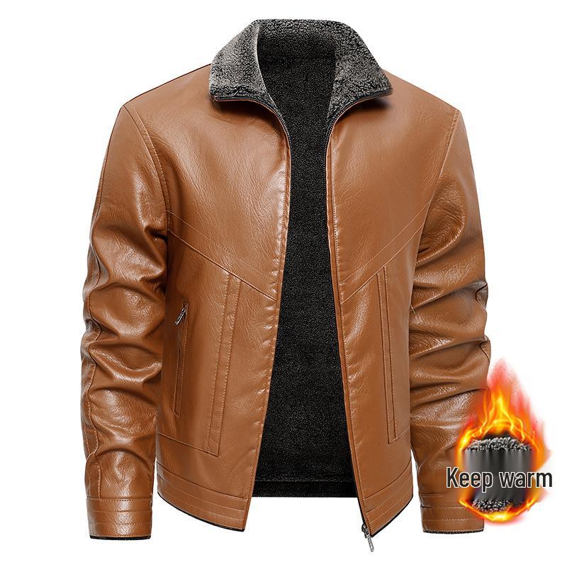 Men's Plus Size Winter Fur-Lined Leather Jacket with Lapel
